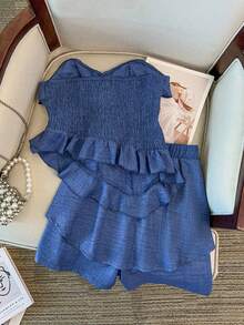 SHEIN Tall CURVE Bộ đồ 2 mảnh cỡ lớn với chi tiết bèo nhún, áo croptop không dây và quần, phong cách ngọt ngào và mát mẻ màu xanh dương. - Màu xanh lam - Xem 2