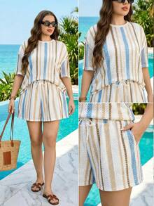 SHEIN LUNE 2pcs/Set Women Plus Size Casual Striped Short Sleeve T-Shirt And Shorts Set,White Sequence,Summer,Casual,Beach,Holiday Vacation Outfits 2 Pieces Set - Multicolor - View 1