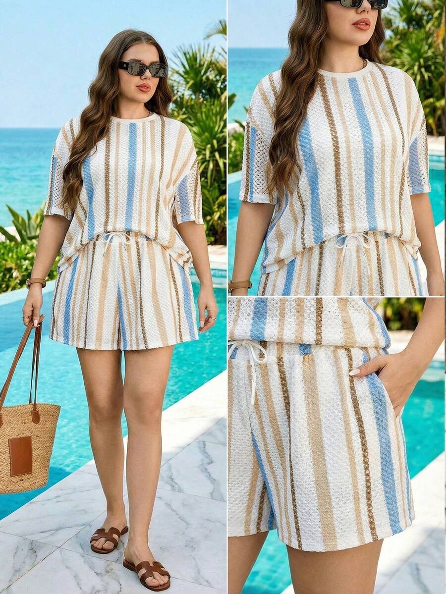 SHEIN LUNE 2pcs/Set Women Plus Size Casual Striped Short Sleeve T-Shirt And Shorts Set,White Sequence,Summer,Casual,Beach,Holiday Vacation Outfits 2 Pieces Set - Multicolor - View 1