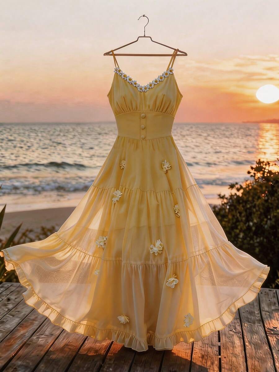 GlowEve Women's Summer New 3D Floral Yellow Strap Vacation Dress - Light Yellow - View 1