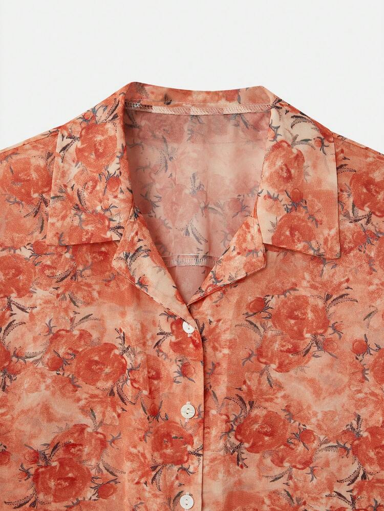 Orange Vintage Floral Printed Blouse With Relaxed Collar, Long Sleeves And Ruffled Cuffs Romantic Business Casual Floral Blouse Summer Shirts Woman Western Shirt For Women Spring Summer French Style Parisian Style