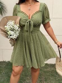 Sunnyshic 大码女式绿色碎花休闲度假通勤短袖连衣裙，夏季 - 彩色 - 查看 6