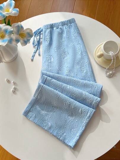 Sunnyshic Women's Casual Vacation Blue Textured Jacquard Hollow-Out Embroidered Loose Wide-Leg Pants, Versatile For Home, Beach, Resort In Summer