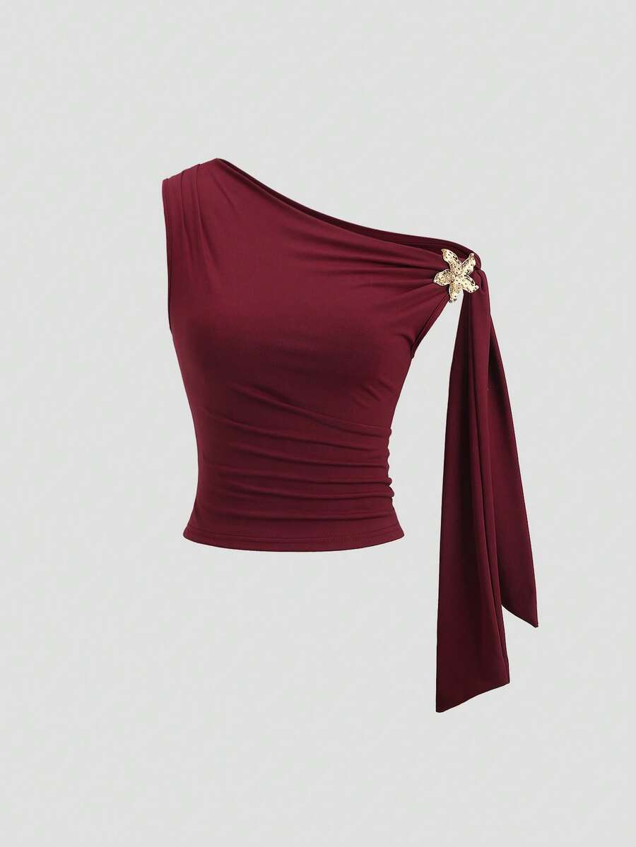 Sweetra 新款不对称金属扣优雅通勤日常时尚不对称领抽绳设计T恤 - 酒紅色 - 查看 1