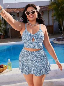 Swim Mod Bộ bikini 3 mảnh cỡ lớn dành cho nữ, kiểu dáng gợi cảm và thanh lịch với dây đeo mảnh, họa tiết hoa và bèo nhún, thích hợp cho kỳ nghỉ biển mùa xuân/hè. - Màu xanh lam - Xem 3