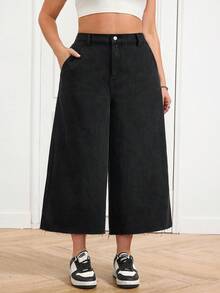 SHEIN CURVE+ Quần jeans nữ cỡ lớn cạp cao, có túi, ống rộng, dáng suông, dài đến 7/8, thích hợp cho mùa xuân hè, lễ hội, đi làm, nghỉ mát, tốt nghiệp, phong cách Y2K, dễ thương, thời trang đường phố, dự tiệc, đám cưới, thanh lịch, công sở, thường ngày. Quần jeans nữ cạp cao ống rộng với gấu quần rách, quần denim đen dáng lửng, quần denim tối giản, quần jeans thoải mái khi đi làm, quần jeans thời trang nữ, quần jeans tối giản thanh lịch. - màu đen - Xem 4