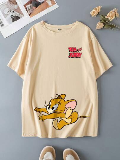 TOM & JERRY X SHEIN Plus Size Women's Round Neck Cartoon Letter Print Casual Versatile Daily Wear Short Sleeve T-Shirt