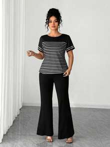 Elenzga Blusa holgada de punto a rayas con lazo y cuello redondo, de manga corta recta, para mujer de talla grande. Conjunto de 2 piezas cómodo y versátil, elegante para el hogar, el trabajo, vacaciones y fiestas casuales, que se combina con pantalones. - Multicolor - Ver 7
