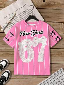 少女三件套数码条纹及数字67印花短袖套装，休闲舒适，适合春夏穿着，时尚百搭，适合户外活动、野餐、街头摄影、居家、上学、节日庆典等场合，亦可作为礼物赠送。 - 白色 - 查看 6