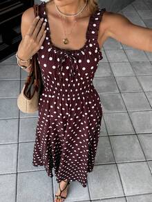 Pariaura 女士波点印花系带无袖休闲连衣裙，适合度假 - 深棕色 - 查看 4