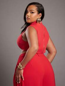 NYA SZN Plus Size High Rise Spring Business Pleated Trousers Bottoms Summer Festivals Brunch Office Siren Holiday Festive Winter Festival Special Occasion Elegant Luxury Carnival - Red - View 7