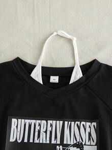 Áo thun cổ yếm phối màu tương phản, phong cách đường phố thường ngày, thời trang dành cho bé gái tuổi teen, in hình bướm và chữ, thích hợp mặc hàng ngày. - màu đen - Xem 4