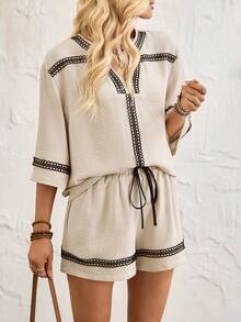 Breezaya 女士度假风V领短袖衬衫短裤两件套，春夏户外 - 杏色 - 查看 5