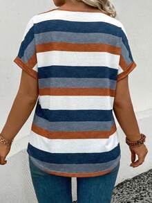 EMERY ROSE New Plus Size Women's Fashion Printed Striped V-Neck Versatile Colorful Retro Short Sleeve T-Shirt - Multicolor - View 2