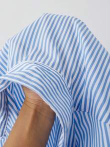 SHEIN Salopetă casual cu dungi, mânecă scurtă, pentru fete preadolescente, cu guler și talie elastică, potrivită pentru purtare zilnică, vacanțe și întâlniri - Albastru - Vizualizare 7