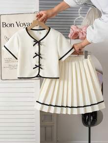 Tween Girls' Sleeveless Bow Cardigan Top And Pleated Skirt 2 Pieces Elegant Outfit, Summer Summer Holiday - Multicolor - View 1