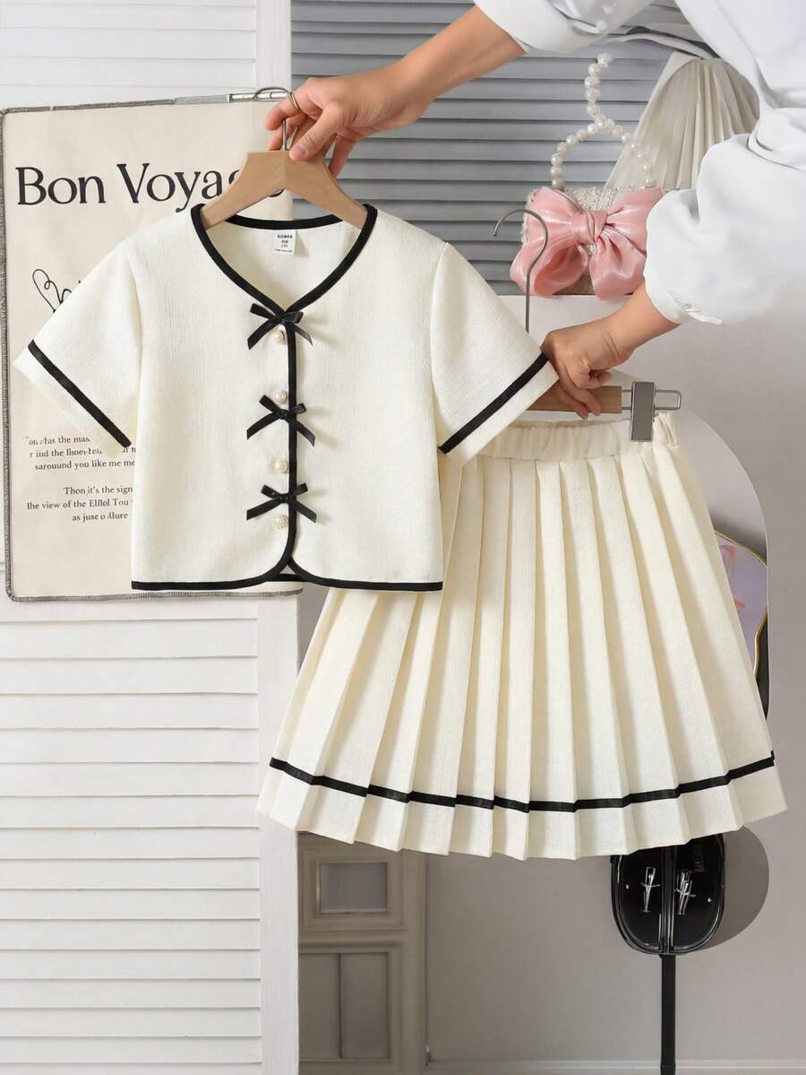 Tween Girls' Sleeveless Bow Cardigan Top And Pleated Skirt 2 Pieces Elegant Outfit, Summer Summer Holiday - Multicolor - View 1