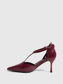 CUCCOO SZL Sapato de salto alto feminino com bico fino, fivela decorativa e cadarço vazado. - Borgonha - Ver 9
