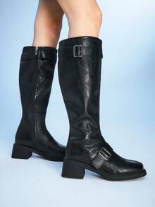 Sugerpunk 女士搭扣设计休闲厚底过膝长靴 - 黑色 - 查看 6