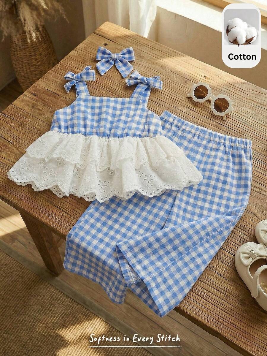 2pcs Baby Girl Plaid Round Neck Sleeveless Top And Elastic Waist Pants Set Checkered Outfit Two Pieces Sets Girls Two Pieces Set Cute Vintage Style Light Blue Matching Set Baby Girls 2pcs Set Baby Girl Checkered Outfit Little Girl Summer Sets - Multicolor - View 1