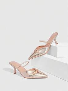 CUCCOO SZL Women's Pointed Toe Rhinestone Letter Decor Elegant Fashion High Heel Slippers - Golden snake pattern - View 2