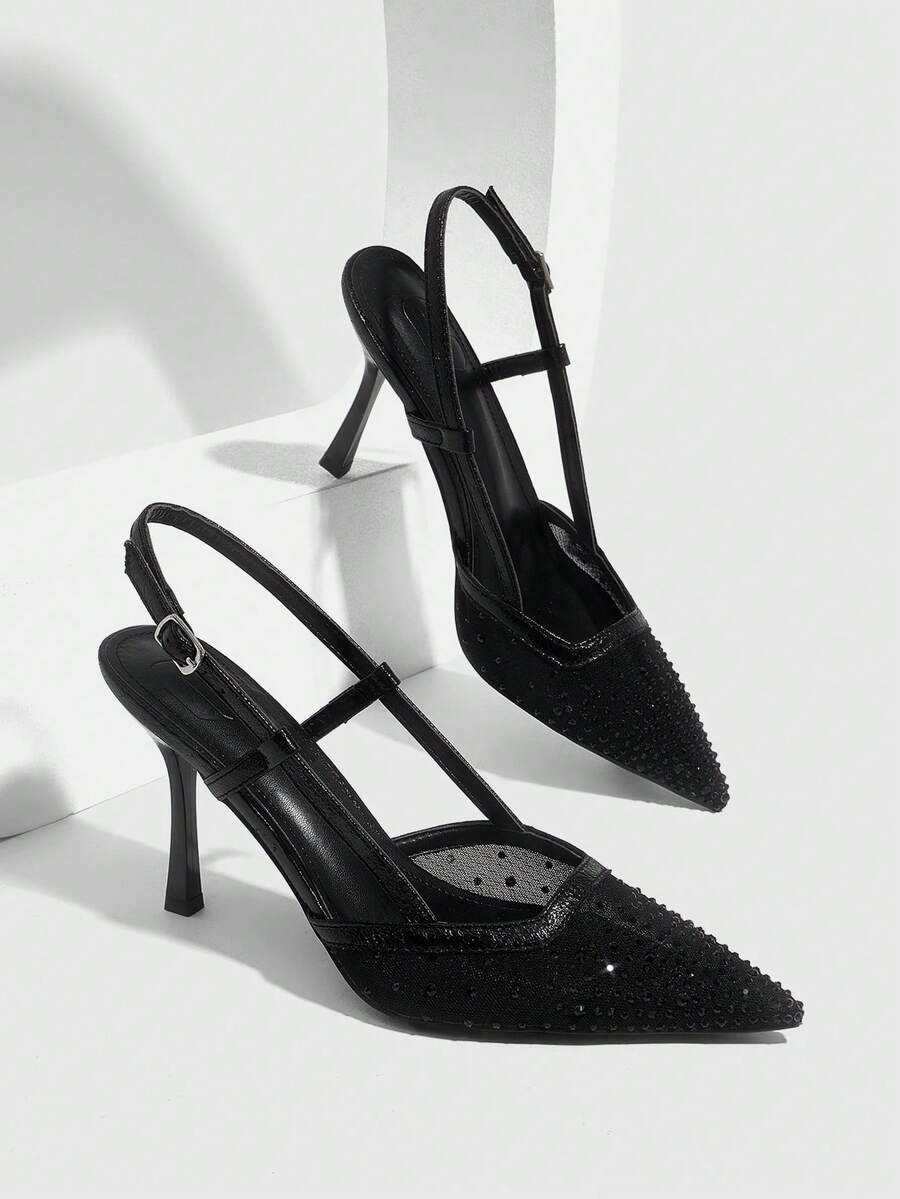 CUCCOO SZL Women's Pointed Toe High Heel Black Mesh Rhinestone Embellished Fashionable Sexy Glamorous Party Occasion Stilettos With Ankle Strap Spring Shoes - Black 2 - View 1