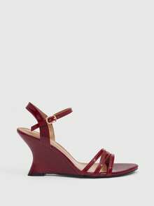CUCCOO SZL 女士夏季系带打结性感漆皮酒红色露趾凉鞋，适合晚宴约会 - 酒紅色 - 查看 2