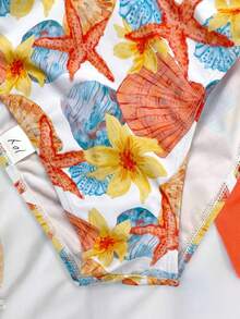 SHEIN 3pcs/Set Girls' Orange Shell Print Swimsuit Top & Bottoms, Beach Vacation Style - Multicolor - View 6