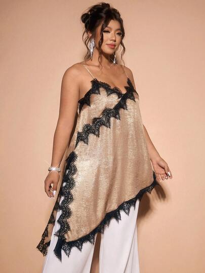 Cravure Plus Size Women's Elegant Glossy V-Neck Asymmetric Hem Long Camisole Top, Fashion New Office Commute Contrast Color Pocket Long Pants, Elegant Vintage Style Ladies Casual Elegant Top, Suitable For Graduation, Valentine's Day, Music Festival, Mother's Day, Halloween, Thanksgiving, Easter, National Day, Prom, Date Party, Wedding Season, Outdoor Trips