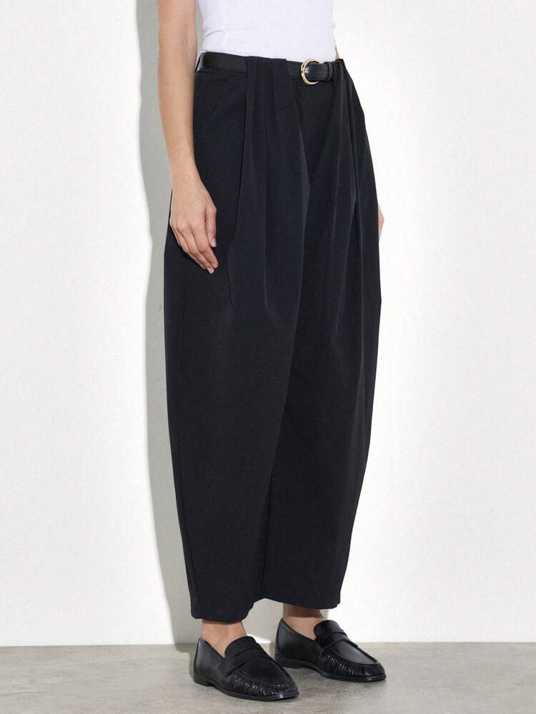 KSTM Women High Rise Black Wide Leg Pleated Palazzo Trousers With Front Pleats And Belt Loops For Casual Office Wear