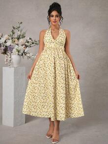 Momance Women's Romantic Printed Waist Tie Backless Camisole Dress, Suitable For Vacation And Maternity - Yellow - View 5