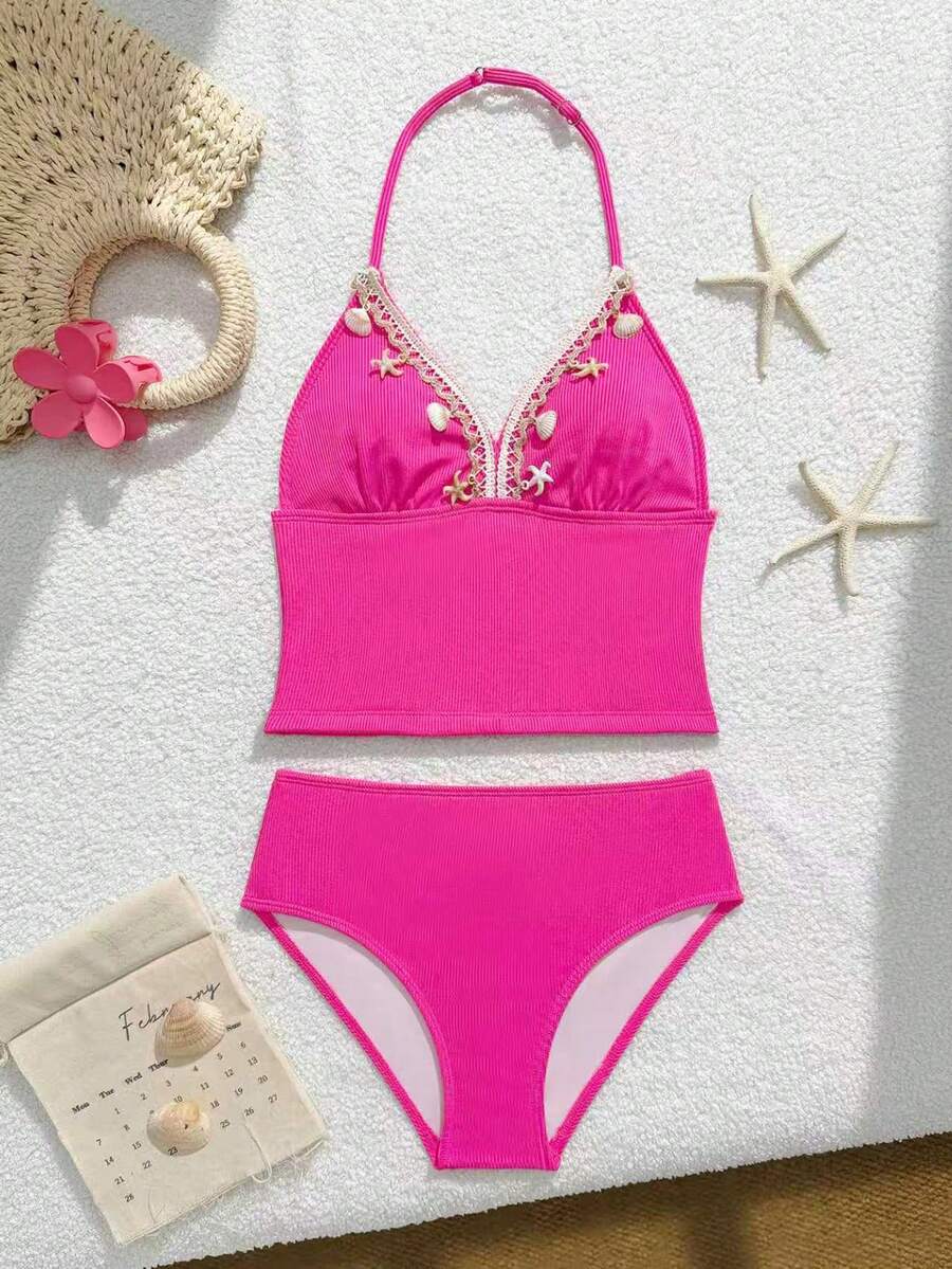 SHEIN Tween Girls Tankinis,Pink,Summer,Cute,Beach,Holiday Knit Fuchsia Ribbed Camisole Bikini Set,Shell&Starfish Decor Triangle Bottoms Modest 2 Pieces - Rose Red - View 1