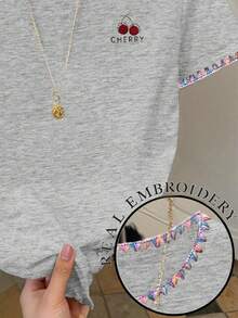 Resyla Women's Summer Cherry Shell Embroidered T-Shirt - Light Grey - View 4