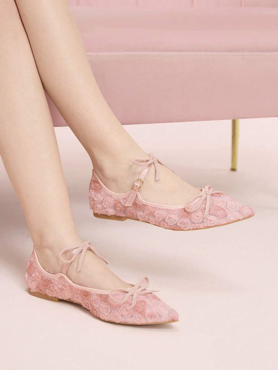 CUCCOO DOLLMOD 女士粉色网纱花朵刺绣时尚双蝴蝶结可爱优雅玛丽珍平底鞋 - 粉色 - 查看 1