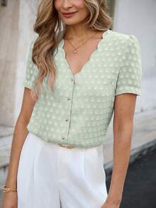 Isle Nomé Women's Ruffled Jacquard Polka Dot Loose Casual Top, Spring/Summer - Mint Green - View 3