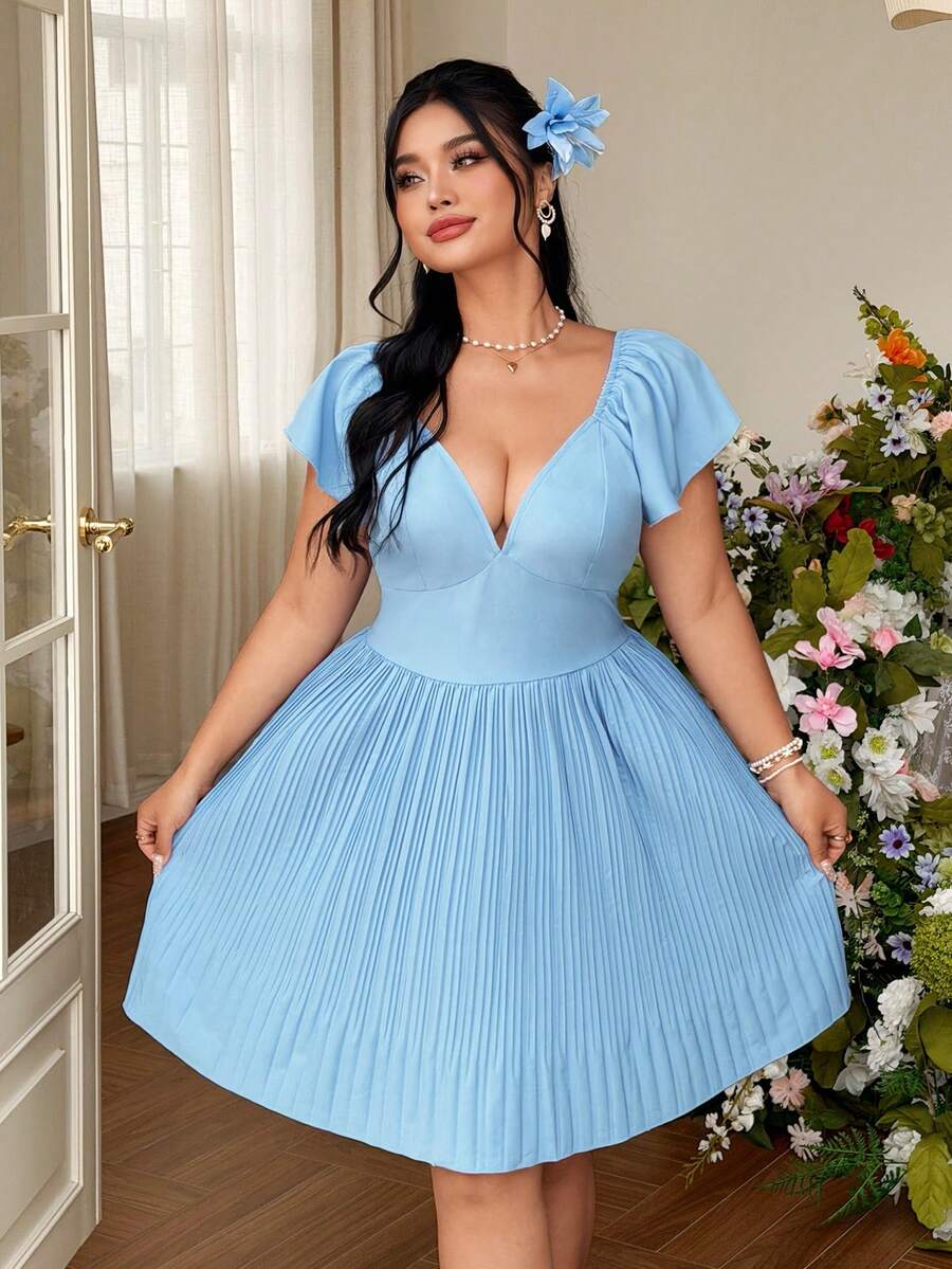 Celure Spring/Summer New Ruffle Sleeve Deep V-Neck Women's Dress, Exquisite Elegant Fashion Commuter Everyday Wear - Blue - View 1