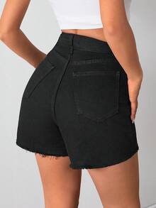SHEIN Women High Waist Button Detail Denim Short - Black - View 2