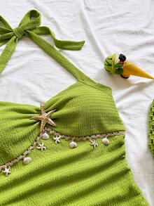 Soleia 女士度假沙滩露背吊带上衣和短裤两件套 - 綠色 - 查看 5