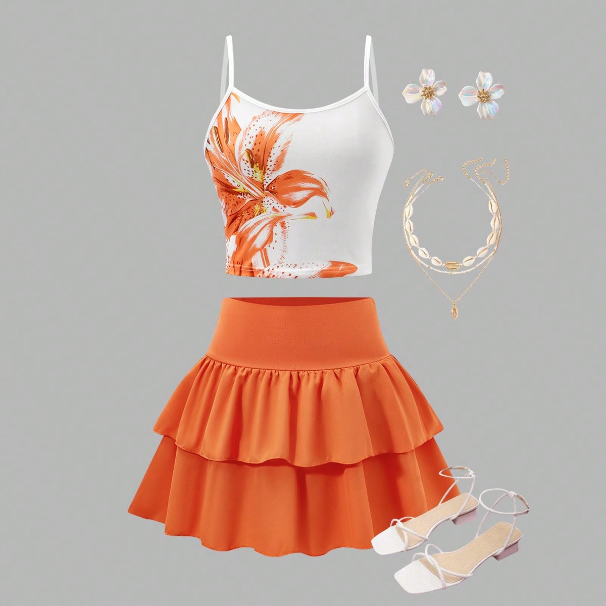 Set de 2 piezas de ropa para niñas, estilo de bloqueo de color dulce y picante, blusa con estampado floral, camiseta sin mangas + falda con volantes
