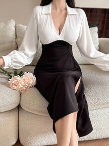DAZY Women's Contrast Color Collar Long Sleeve Side Slit Hem Elegant Sexy Mid-Length Dress Autumn Dresses For Women Dinner Date White And Black Vacation - Black and White - View 3