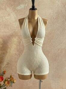 Soleia 女士白色纹理针织优雅露背圆环连体裤，性感迷人，适合万圣节、圣诞节、度假等场合。 - 杏色 - 查看 3