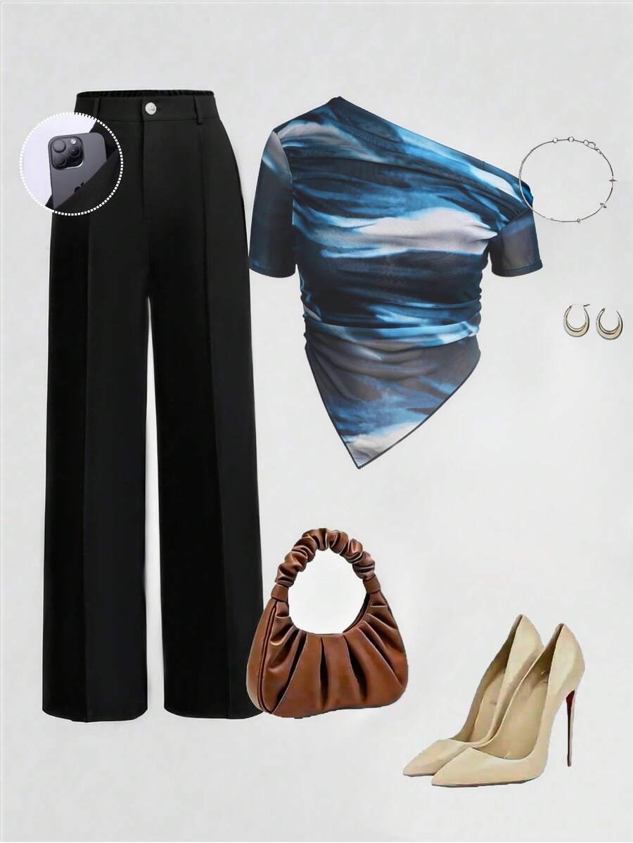 Elenzga 大码女式优雅斜领短袖T恤搭配直筒裤通勤套装，时尚办公室穿搭。这款印花上衣采用不规则设计，搭配长款西装裤，是一套两件套，适合春、夏、秋季穿着。 - 彩色 - 查看 1