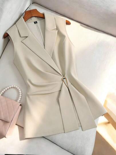 Franclia Áo blazer nữ mùa xuân/hè kiểu Pháp thanh lịch, chất liệu ren kẻ sọc, thích hợp cho công sở, nghỉ dưỡng, tiệc trà chiều lãng mạn, bãi biển, có ve áo, thắt eo, điểm nhấn kim loại, thiết kế dài ôm eo.