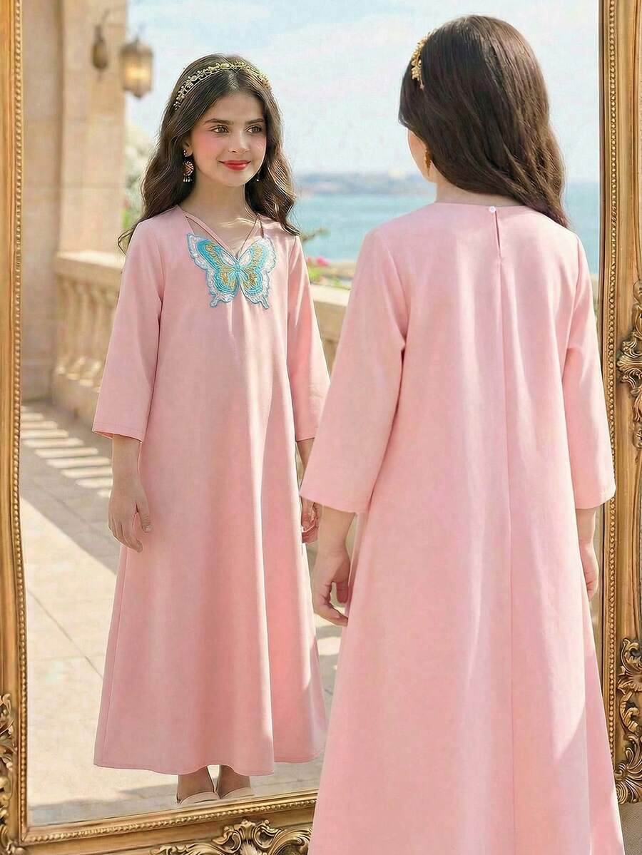 Vestido elegante con decoración de mariposa en el cuello para niñas preadolescentes, estilo tradicional del Medio Oriente - Multicolor - Ver 1