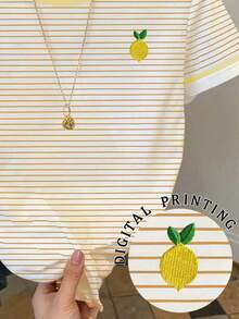 Resyla 女士休闲落肩圆领T恤，柠檬印花T恤，水果T恤 - 橘色 - 查看 4