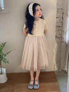 DAZY 女童网纱拼接圆领短袖休闲针织连衣裙 - 白色 - 查看 5