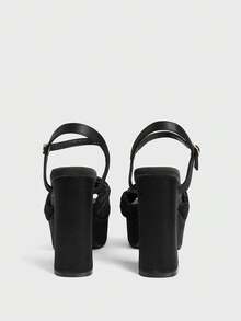 Sugerpunk 女士时尚褶皱方头露趾系带踝扣粗跟凉鞋，复古舒适通勤百搭高跟鞋 - 黑色 - 查看 3