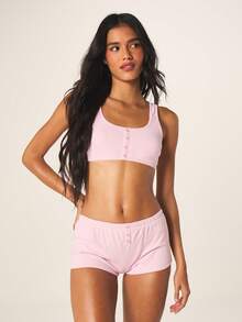 MISSGUIDED Ribbed Bralette And Boxer Short Lingerie Set With Button Front Closure Scoop Neck Sleeveless Intimate Lounge - Dusty Pink - View 3