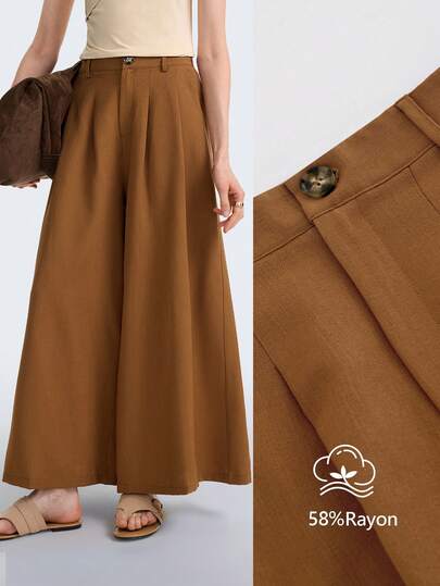 Aalyst 休闲简约米色高腰单排扣褶裥阔腿七分裤，适合日常穿着、婚礼、晚宴、通勤、毕业派对、节日、约会、聚会、万圣节、圣诞节、新年、感恩节、女士婚礼套装等场合。