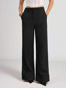 SHEIN Tall 女士浅杏色纯色斜纹布纽扣口袋简约低腰长裤，适合通勤、休闲、时尚外出、复古风、办公穿着、冬季女裤、阔腿裤、休闲裤 - 黑色 - 查看 12